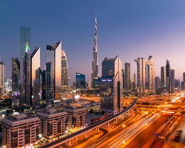 Dubai skyline at dusk, United Arab Emirates